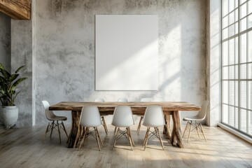 Poster - The interior of a modern boardroom includes a large blank canvas on the wall for signage or presentation purposes, with natural light filtering in through windows. 3D Rendering