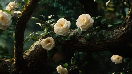 White camellia blossoms blooming on a mossy tree branch in sunlight.