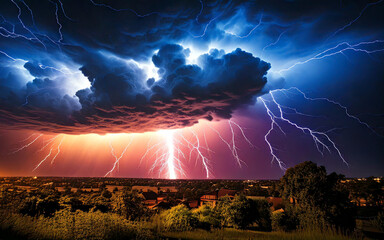 Wall Mural - Lightning from storm clouds in the field at night, part 4