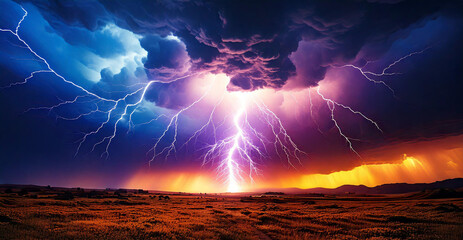 Wall Mural - Lightning from storm clouds in the field at night, part 3
