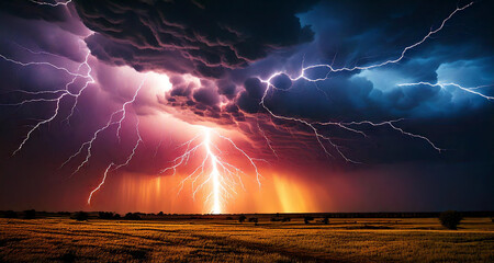Wall Mural - Lightning from storm clouds in the field at night, part 2