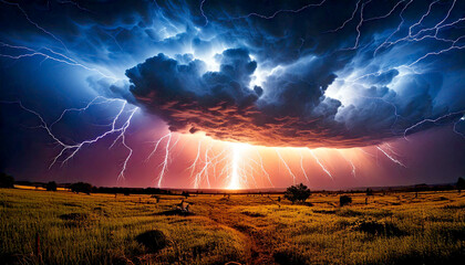 Wall Mural - Lightning from storm clouds in the field at night, part 1