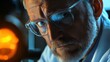 © Brain - Close up portrait of a mature scientist wearing glasses and a lab coat, conducting research in a laboratory setting with focused concentration