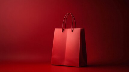 Wall Mural - Simple deep red paper shopping bag against a deep red background, evoking a sleek, monochromatic design for modern shopping promotions.