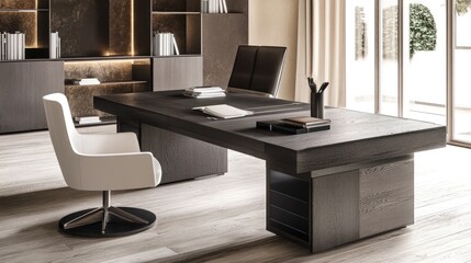 Poster - A modern home office setup with an industrial touch: gray wooden desk, sleek black organizer, and a white chair in a warm lit space