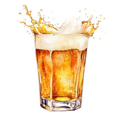 Poster - A watercolor painting depicts a glass of beer with a dynamic splash showcasing its golden color and frothy head.