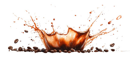 Aufkleber - A watercolor painting depicts a dynamic splash of coffee engulfing roasted coffee beans.