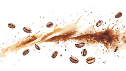 Aufkleber - A watercolor painting depicts a splash of brown coffee liquid with coffee beans scattered around, creating a dynamic and visually appealing image.