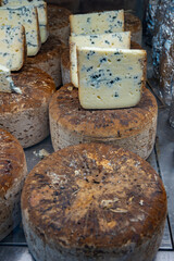 Pieces of tasty Blue Basque Fume smoked sheep cheese produced in south-western France, Northern Basque Country