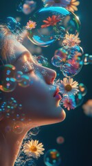 Wall Mural - woman blowing bubbles that transform into delicate flowers, surreal and vibrant, focus on imagination and beauty