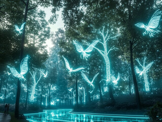 Poster - Digital forest of the metaverse, trees with neon light, rivers with holographic water, birds and fantastic creatures flying in the air, avatars exploring this virtual world