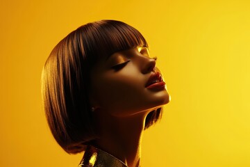 Poster - Golden Lit Woman With Bob Haircut Eyes Closed