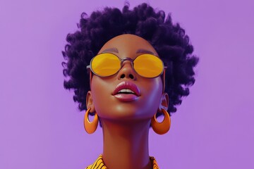 Poster - Stylish Woman with Afro Hair Yellow Sunglasses and Gold Earrings