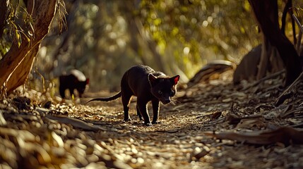 Wall Mural - tasmanian devil walking forest path, sunlit background, wildlife conservation