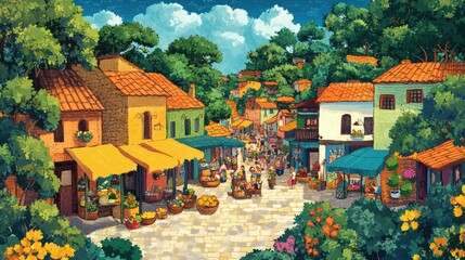 Poster - Vibrant storybook page depicting a bustling village market scene