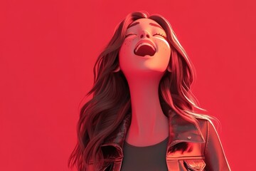 Poster - Joyful Woman with Long Hair in Red Lighting