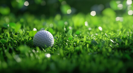 A golf ball sits still on lush green grass, perfectly placed for an upcoming shot. The sunlight glimmers on the grass, creating a serene atmosphere for the game.