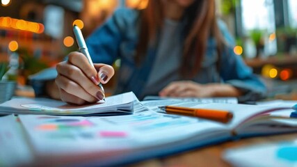Poster - This student is diligently taking notes in a busy cafe filled with warm lights and vibrant decor.