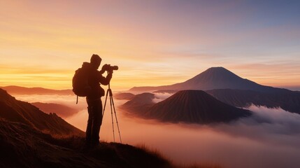 Poster - Photographer capturing a stunning sunrise over volcanic landscape