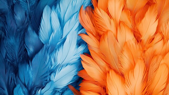 Bright orange and blue feathers arranged side by side, highlighting their contrasting hues and soft texture