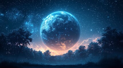 glowing blue planet rising over a dark forest at night, stars and clouds visible.