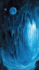 Glowing blue ice cave with celestial bodies.