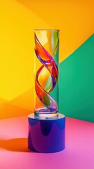 Wall Mural - glass trophy on a colorful abstract pedestal, vibrant and dynamic, focus on achievement and celebration