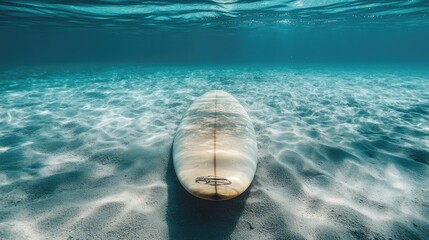 Wall Mural - Close-up of a surfboard partially buried in sand under clear ocean water, serene view, no people