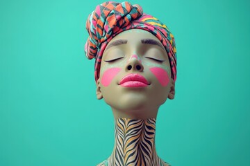 Poster - Serene Woman with Colorful Headwrap and Body Art