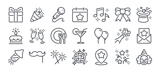 party, celebration and event planning editable stroke outline icons set isolated on white background