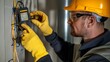 © Elshad Karimov - An electrician engineer is performing a task where they are using a tester to measure voltage while working on an electrical system. They are wearing protective gear, including gloves