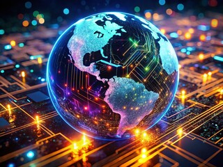 Poster - Futuristic Digital Globe Neon Lights Drone Aerial View - High Resolution Stock Photo