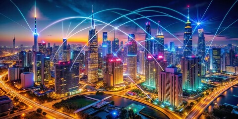 Poster - Futuristic Drone View: AI-Powered Smart City, Big Data Network, Illuminated Skyscrapers