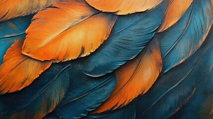Poster - Detailed close-up of overlapping orange and blue feathers, with visible quills and soft, textured edges