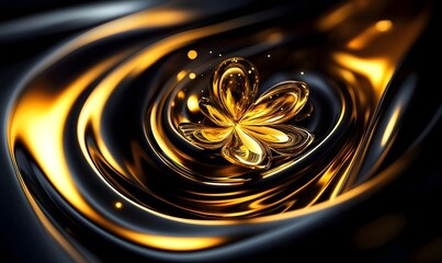 Golden flower swirling in dark liquid, abstract art, background bokeh, design element