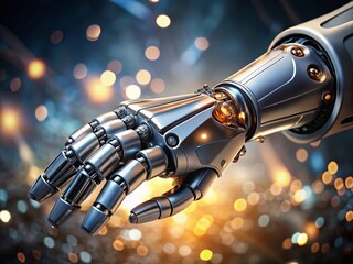 Poster - Futuristic Robotic Arm with Open Hand: Bokeh Background Stock Photo