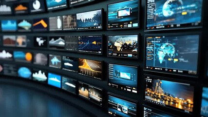 Poster - Multiple screens illuminate a dark room with colorful global data visualizations, showcasing analytics and statistics from various regions