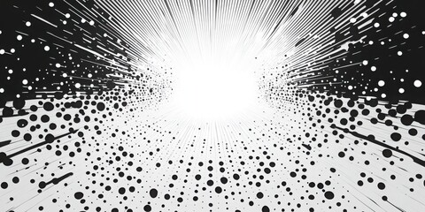 Comic book halftone pattern with a dynamic pop art style showcasing bold black and white contrast throughout the design, emphasizing a retro aesthetic in visual art