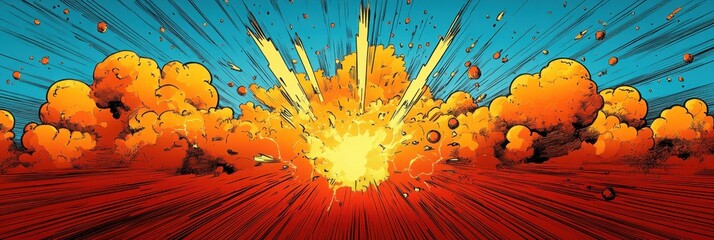 Wall Mural - Vivid comic book pop art pattern featuring dynamic explosions, bright lightning, and energetic beams showcasing a vibrant color palette in a playful design