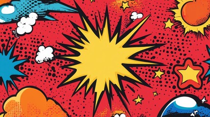 Wall Mural - Lightning flash on abstract colorful background. Comic style, pop art, halftone