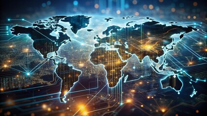 Poster - Global Network Cybersecurity: Digital World Map Double Exposure Stock Photo
