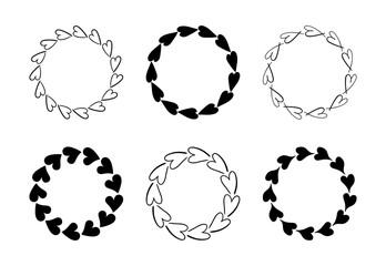 Poster - Set of circle Heart frames. Wreaths for Valentines Day design banner poster template. Simple minimalist circle border in black color.