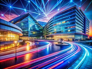 Poster - Global Tech Innovation: Glowing Interconnected Continents Architectural Photography
