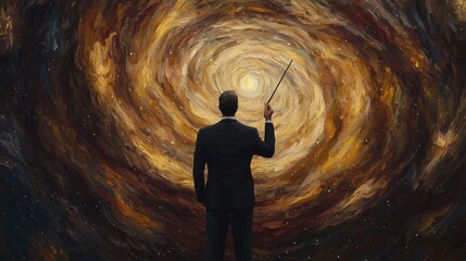 Man in Suit Contemplates Cosmic Swirl Painting