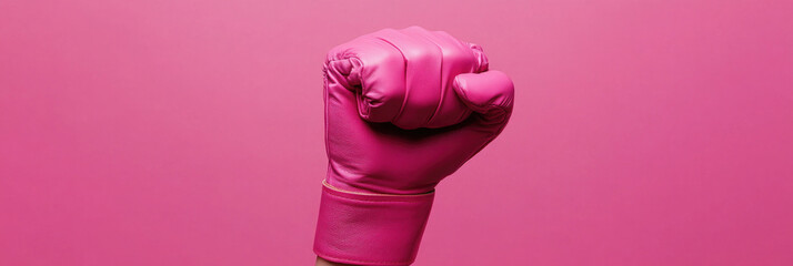 Pink boxing glove fist raised against a solid pink background promoting empowerment and strength in fitness, fighting for women's rights