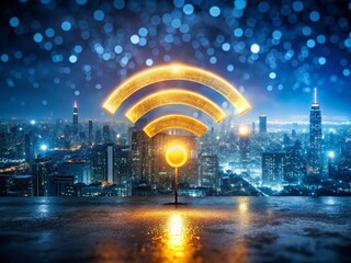 Poster - Glowing WiFi Symbol Night Cityscape - Wireless Network Connection at Night