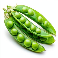 a photostock of delicate pea pods with fresh green peas spilling out, displayed against a clean whit