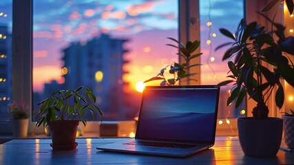 Aufkleber - A laptop sits on a wooden table beside potted plants, with a vibrant sunset illuminating an urban skyline through the window, creating a warm atmosphere.