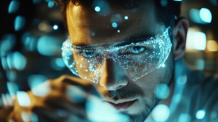 Aufkleber - Close up portrait of a scientist wearing futuristic smart glasses analyzing data and digital information while working on a technological project in a laboratory