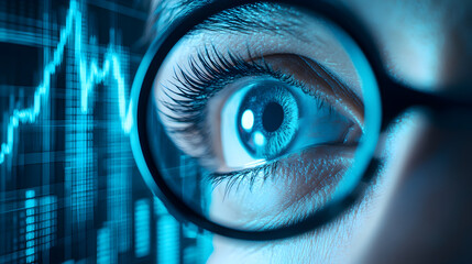 Poster - Closeup Blue Eye Analyzing Digital Stock Market Data Chart Financial Investment Growth Magnifying Glass Technology Business Concept Future Vision teal cyan dark graph    